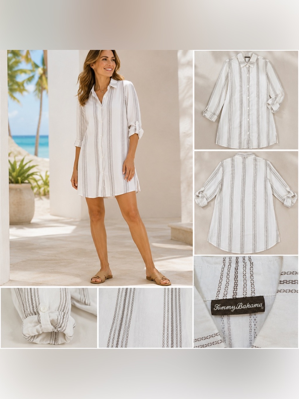 Tommy Bahama White Dress with Brown Stripe Detail